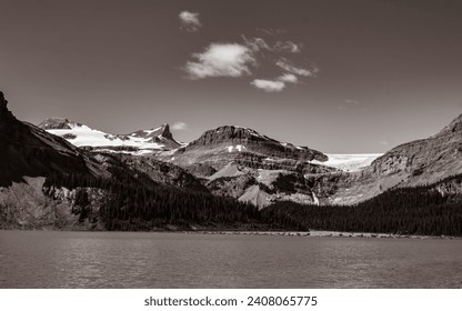 Sepia Photo of Beautiful Bow Lake in Canadian Rockies, Alberta, Canada