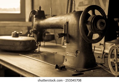 Sepia tone photo of vintage german sewing machine