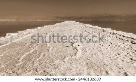 Sepia Tone Salt Formation Leading Into Vast Water Body Against Mountain Range