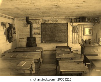 Sepia toned image of old school located in Nevada City, Montana ghost town