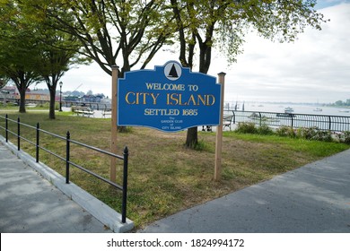 Sept 26, 2020 Welcome signs "Welcome to City Island, Settled 1685, The Garden Club of City Island", Bronx, New York City, USA.