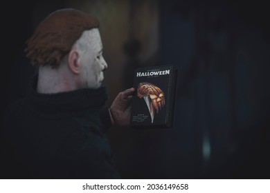 SEPT 3 2021: Halloween slasher Michael Myers holding a DVD of the 1978 Halloween movie - Netflix and Kill - Neca action figure