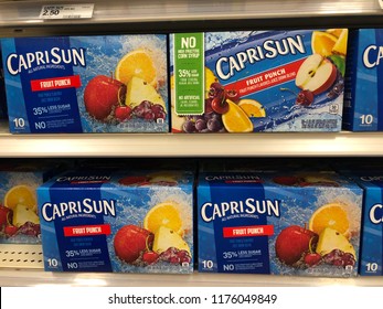 SEPT 8 2018 - MINNEAPOLIS, MN: Varieties Of Capri Sun Juice Boxes Flavors For Sale On A Grocery Store Supermarket Shelves. Popular Drink Choice For Kids Lunch Boxes For School