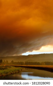 Sept 9, 2020  Walterville Oregon - A Large Glowing Cloud From Wildfires Turn The Sky Red. Black Skies Are Stagnant Through The Willamette Valley From The McKenzie River Fires.