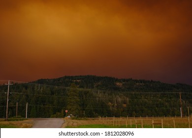 Sept 9, 2020  Walterville Oregon - A Large Glowing Cloud From Wildfires Turn The Sky Red. Black Skies Are Stagnant Through The Willamette Valley From The McKenzie River Fires.