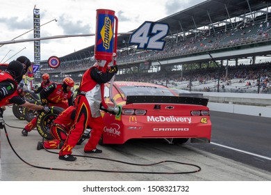 September 08, 2019 - Indianapolis, Indiana , USA: Kyle Larson (42) and crew make a pit stop for the  Big Machine Vodka 400 at the Brickyard at Indianapolis Motor Speedway in Indianapolis, Indiana .