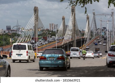 september 1, 2020 santo domingo, Dominican Republic. dramatic image of afternoon traffic on the Puente prof. Juan Bosch, and the Puente Juan Pablo Duarte bridge in the caribbean capital. 