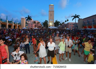 SEPTEMBER 10 2016 - BRAZILIAN FESTIVAL - COUNT DE HOERNLE MIZNER PARK AMPITHEATER, BOCA RATON, FL    The audience looks on in the evening light at a band performing on stage.