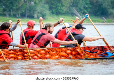 September 12, 2015  Red River In Winnipeg, MB, Canada  Team Building Activity During Rowing Dragon Boat Race