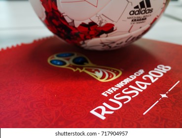 September 14, 2017. Moscow, Russia Official ball of the 2018 FIFA World Cup Adidas Krasava and a calendar with the symbols of the World Cup 2018