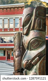 September 14, 2018 - Juneau, Alaska: Bronze Native Sculptures By Haida Native Artist TJ Young And Tlingit Native Artist Stephen Jackson, Walter Soboleff Building At Front And Seward Streets.