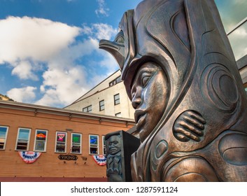 September 14, 2018 - Juneau, Alaska: Bronze Sculptures By Native Artists David R. Boxley And Stephen Jackson.