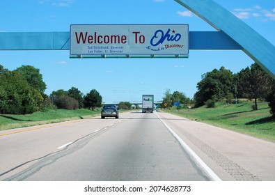 September 15, 2007 Near The Indiana Ohio Border, USA. Entering Ohio, Traveling East On Interstate 70 The Welcome To Ohio Sign Is Overhead. Ted Strickland Was  Governor Of Ohio At The Time.