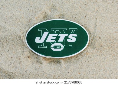 September 15, 2021, Moscow, Russia. The Emblem Of The New York Jets Football Club On The Sand Of The Beach.