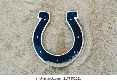 September 15, 2021, Moscow, Russia. The Emblem Of The Indianapolis Colts Football Club On The Sand Of The Beach.