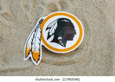 September 15, 2021, Moscow, Russia. The emblem of the Washington Redskins football club on the sand of the beach.