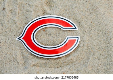 September 15, 2021, Moscow, Russia. The Logo Of The Chicago Bears Football Club On The Sand Of The Beach.