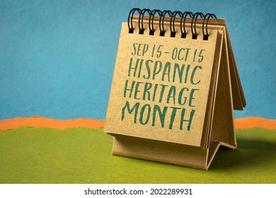 September 15 - October 15, National Hispanic Heritage Month - handwriting in a sketchbook or desktop calendar, reminder of cultural event - Powered by Shutterstock