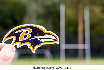 September 16, 2021, Baltimore, Maryland. Emblem Of A Professional American Football Team Baltimore Ravens In The New York Metropolitan Area At The Sports Stadium.