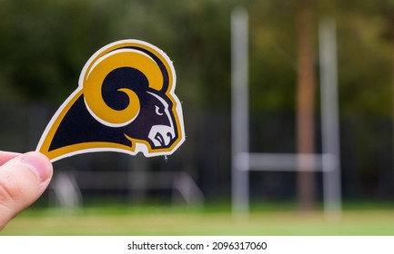 September 16, 2021, Los Angeles, California. Emblem of a professional American football team Los Angeles Rams based in the Los Angeles metropolitan area at the sports stadium.