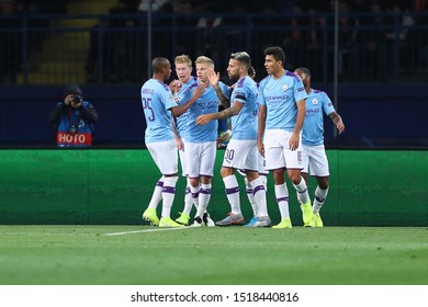 SEPTEMBER 18, 2019 - KHARKIV, UKRAINE: Manchester City players celebrate a goal score by Riyad Mahrez. Champions League. FC Shakhtar Donetsk-Manchester City