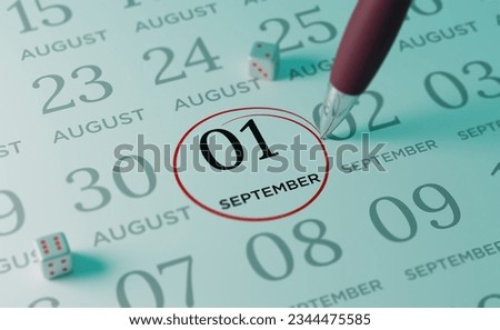 September 1st Calendar date. close up a red circle is drawn on September 1st to remember important events