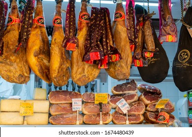 September 2, 2019, Cadiz, Andalusia, Spain, Daily Farmers Market, Different Ham Jamon Serrano Legs, Cheese And Sausages To Sell By Local People