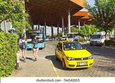 SEPTEMBER 2017, ANTALYA, TURKEY: Busy Bus Station In The Resort City Of Antalya With Taxi, Cars And Passengers