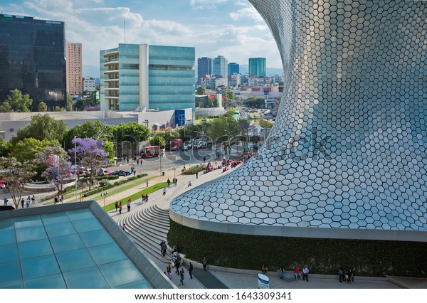 September, 2017,\
Mexico, Mexico city, Modern architecture, street, people and the\
Museum Soumaya in Mexico\
city
