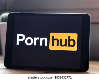 September 2019 Parma, Italy: Pornhub logo icon close-up on tablet screen 