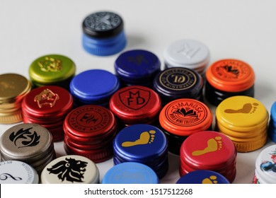 September 2019, Swansea, Wales.
Collection Of Screw Top Lids From Wine Bottles