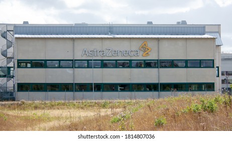 Södertälje/Sweden - September 2020: A Signboard With Name And Logo Of The Pharmaceutical Company AstraZeneca On A Factory Building At The Manufacturing Site. Selected Focus.