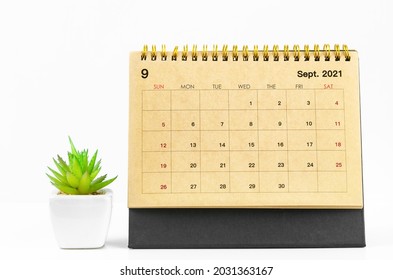 September 2021 Desk Calendar With Pink Small Cactus Plant;