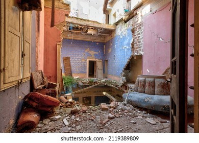 September 2021, Italy. Rooms of a castle heavily damaged by an earthquake. Urbex in northern Italy