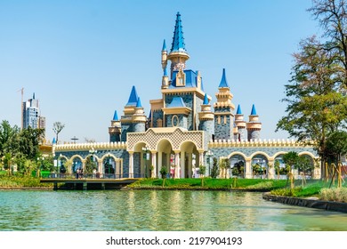 September 2022, Uzbekistan, Tashkent. Tower Building, Singing Fountain In Amusement Park Magic City Former Komsomolskoye Lake