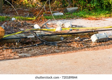 September 21 2017, In Seminole Fl, poles replaced and power restored but secondary utilities including cable, internet and phone still remain unattended after Hurricane Irma.