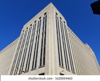 September 24, 2019, Chicago, IL Looking Up At The Corner Of The Old Chicago Main Post Office Building Under A Clear Blue Sky