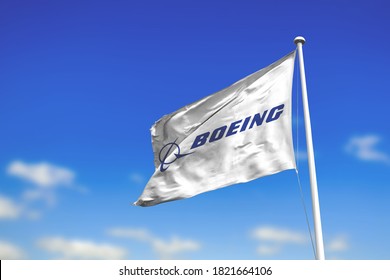 September 25, 2020, Brazil. In this photo illustration the Boeing Company soon appears on a flag. It is a US multinational aerospace development and defense corporation