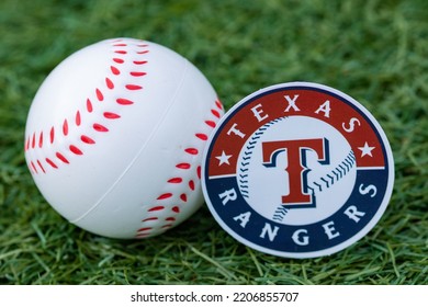 September 26, 2022, Cooperstown, New York. The Emblem Of The Baseball Club Texas Rangers And A Baseball.