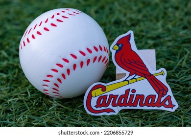 September 26, 2022, Cooperstown, New York. The Emblem Of The Baseball Club St. Louis Cardinals And A Baseball.