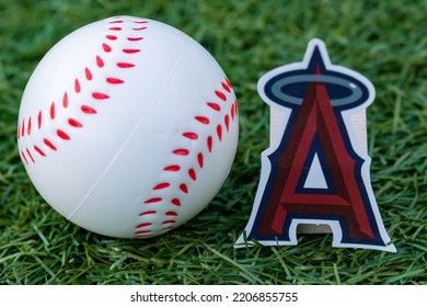 September 26, 2022, Cooperstown, New York. The Emblem Of The Los Angeles Angels Baseball Club And A Baseball.