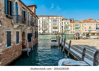 September 27, 2021: Venice, Italy - View from the bridge on the Fondamenta della Salute, with boats and view on Canal Grande, Venice, Italy
