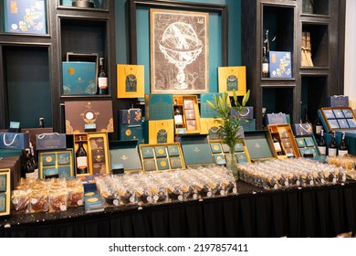 September 3, 2022: Traditional Vietnamese Mooncake Boxes, Beautifully Produced And Displayed In Classic Style At A Hotel In Hai Phong City, Vietnam