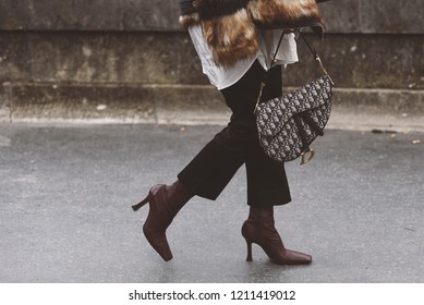 September 30, 2018: Paris, France - Girl Wearing A Stylish Dior Hand Bag After A Fashion Show During Paris Fashion Week  - PFWSS19