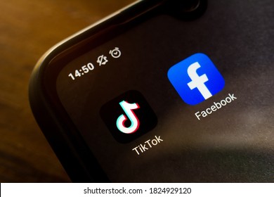 September 30, 2020, Brazil. In This Photo Illustration The Icon TikTok And Facebook App Seen Displayed On A Smartphone