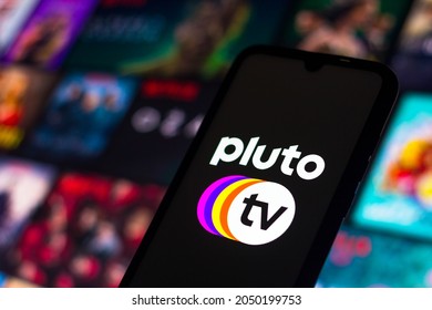 September 30, 2021, Brazil. In this photo illustration the Pluto TV logo seen displayed on a smartphone
