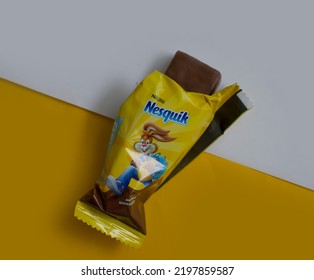 September 31, 2022 Ukraine City Kyiv Nesquik Chocolate Bar From Nestle On A Colored Background