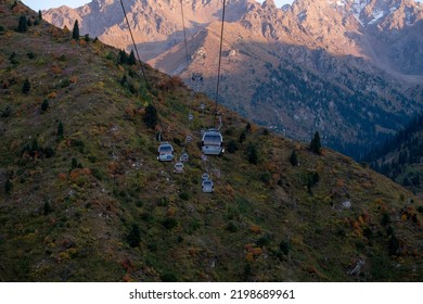 September 4, 2022 Almaty, Kazakhstan Funicular Cable Car To Chimbulak Above The Medeo High-mountain Skating Rink Not Far From Almaty In Early Autumn.