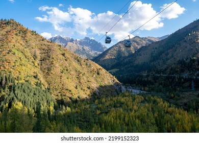 September 4, 2022 Almaty, Kazakhstan Funicular Cable Car To Chymbulak Above The Medeu High-mountain Skating Rink Not Far From Almaty In Early Autumn.