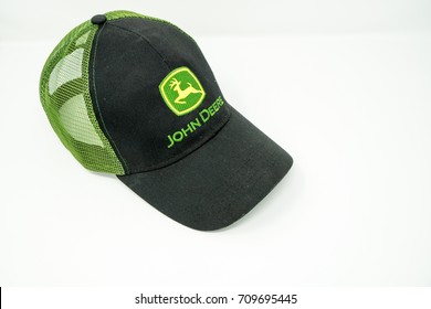 SEPTEMBER 5 2017 - NEW HOPE, MN: A Green And Black John Deere Logo Baseball Hat Isolated On White Background